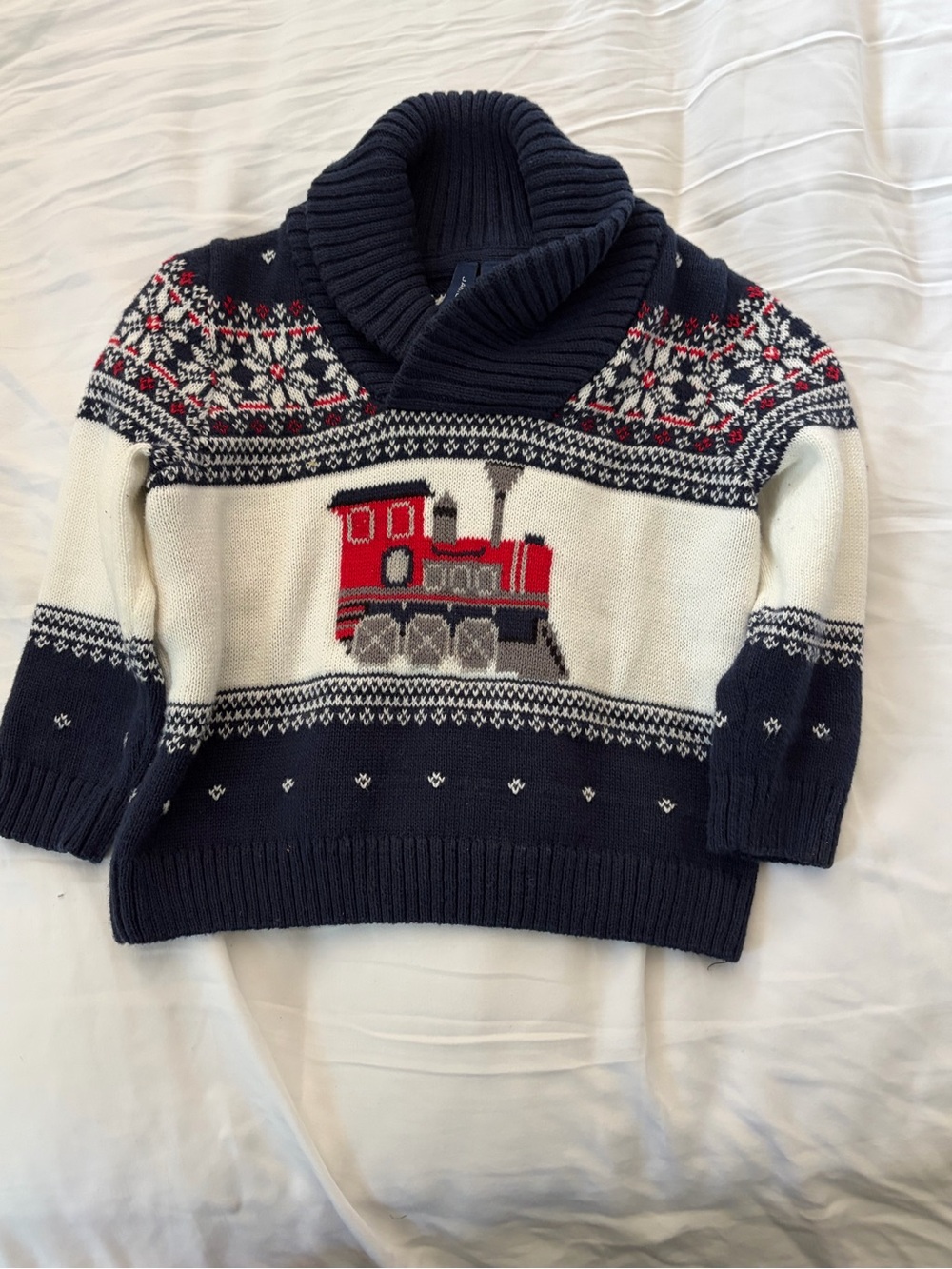 Janie and Jack Navy, Cream & Red Shawl Collar Train Sweater